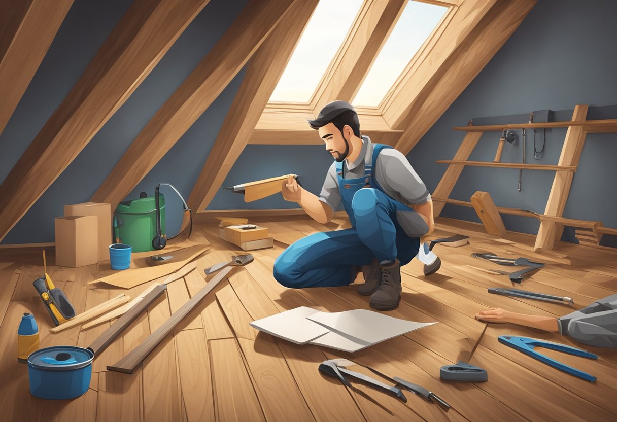 A person laying wooden flooring in an attic, tools and materials scattered around