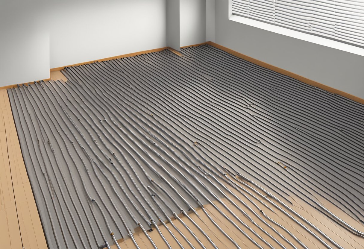 A floor heating system being installed with evenly spaced heating cables or pipes laid out on a smooth, clean floor surface