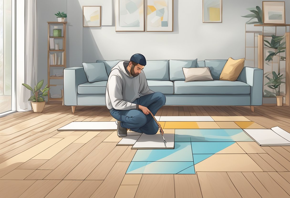 A person follows step-by-step instructions to temporarily lay down a floor