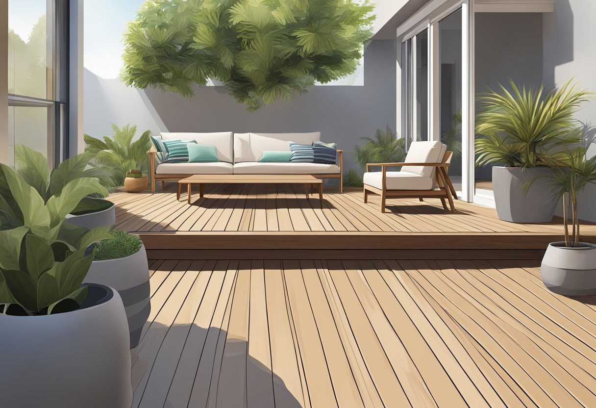 Outdoor room with wooden deck, selecting floor materials. No human subjects