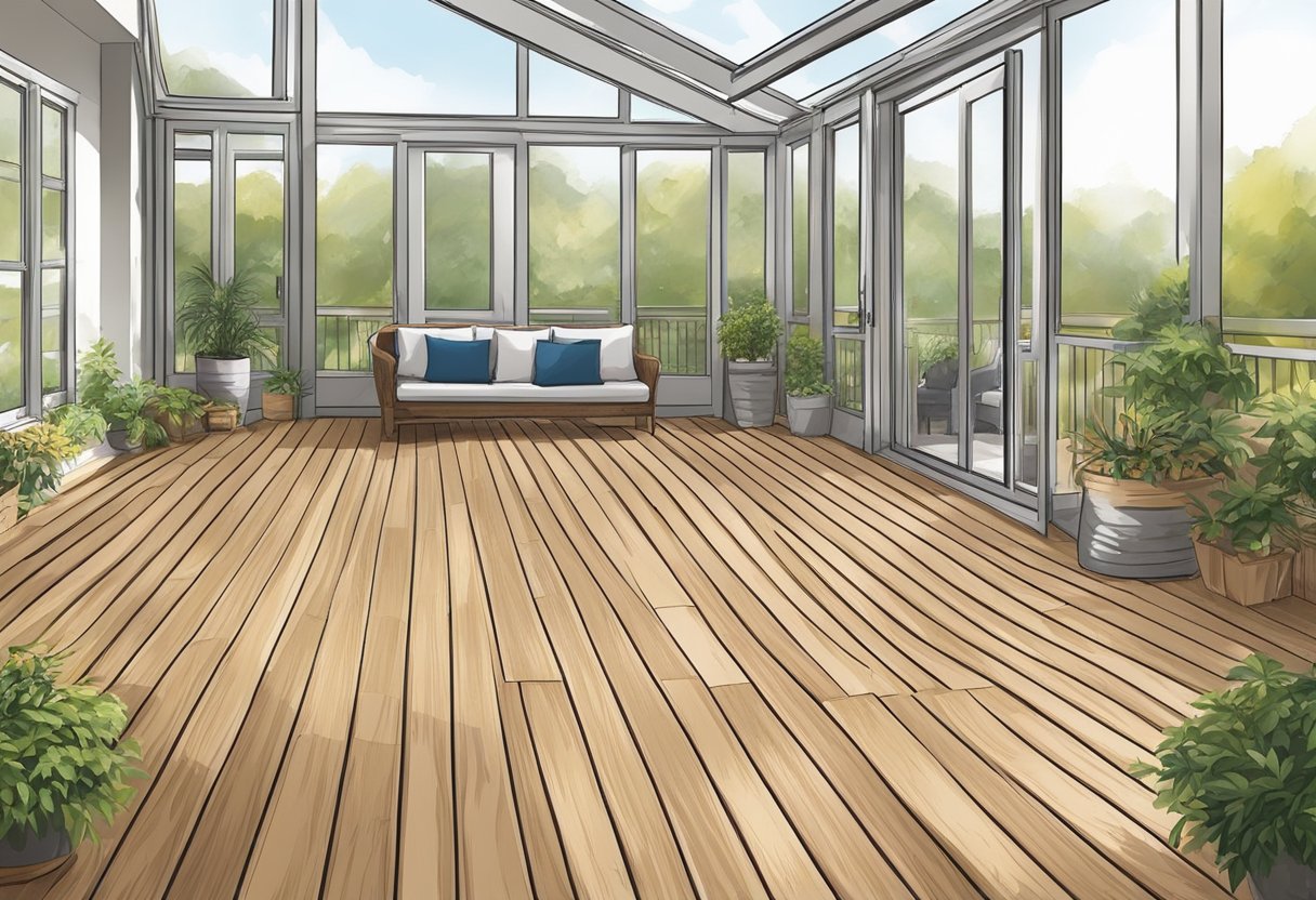 An illustration of installing and maintaining outdoor flooring on a wooden deck in a conservatory