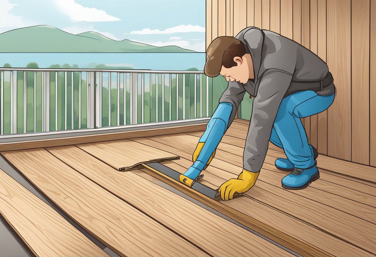 A wooden floor is being installed on a balcony. Wood planks are being laid out and fastened together