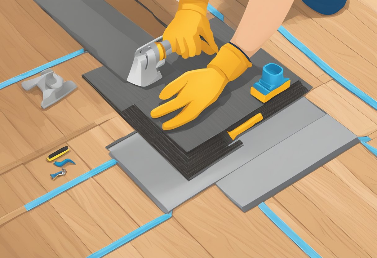 Installation of click flooring on creaky floor, with tools and flooring materials