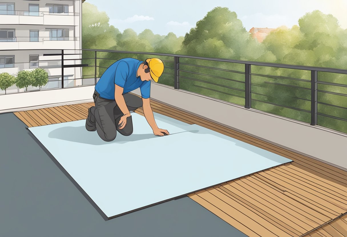 A person laying down click flooring on a balcony during the installation process