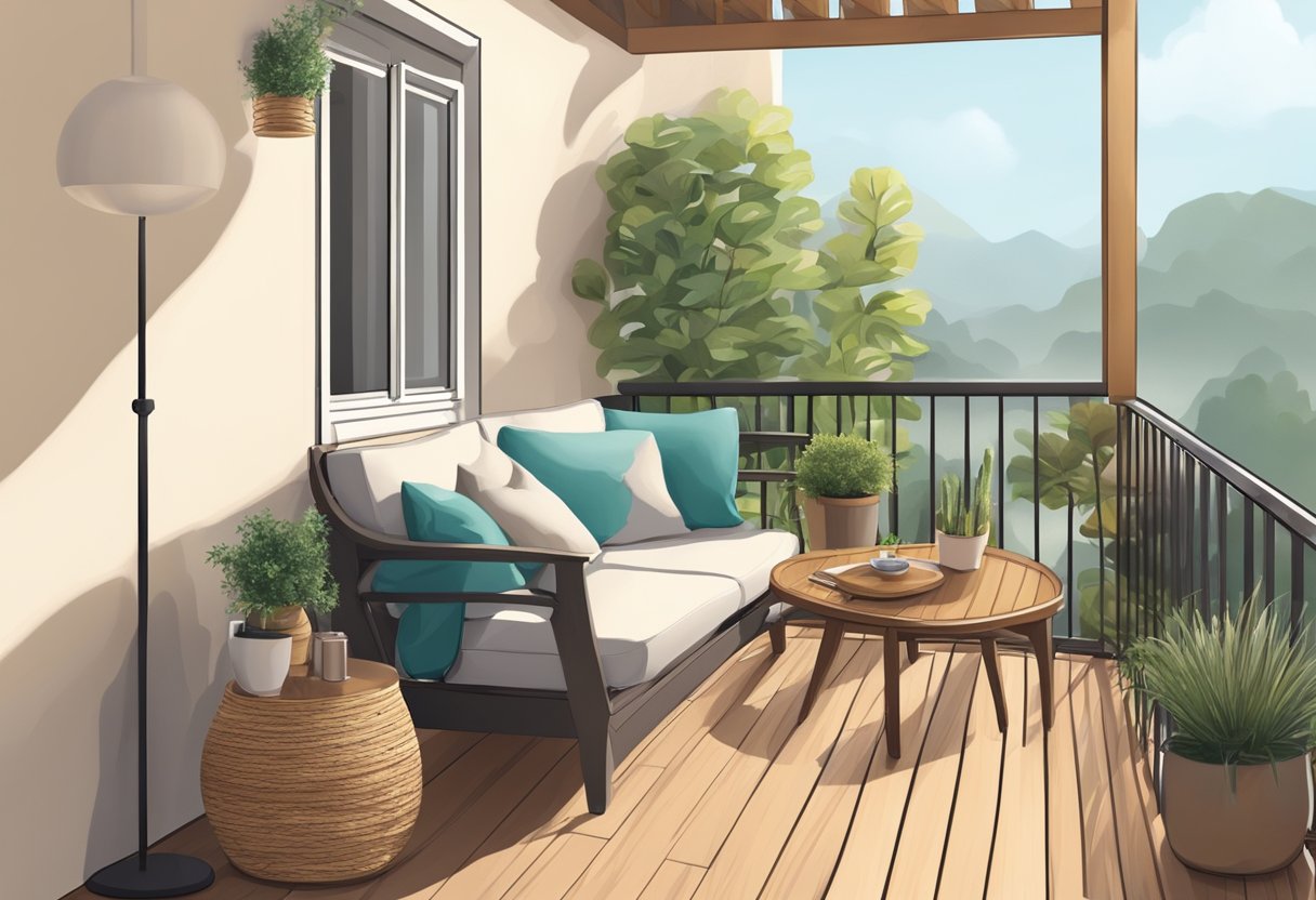 A cozy balcony with furniture and material choices for a warm and inviting atmosphere