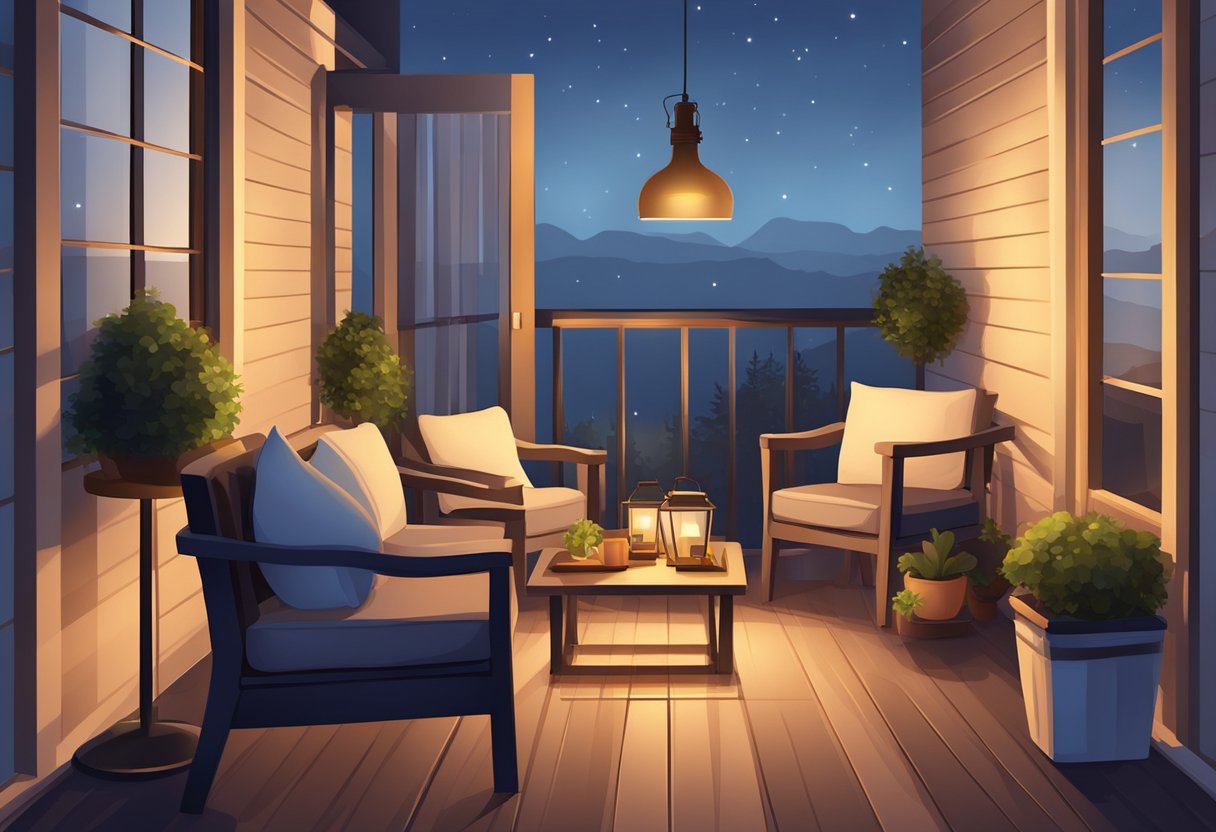 A cozy balcony with warm lighting and comfortable seating