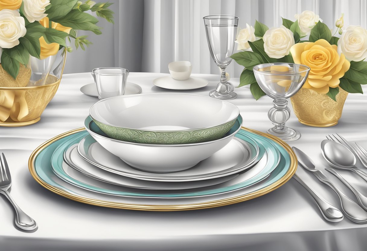 A table set with elegant dinnerware, folded napkins, and decorative accents