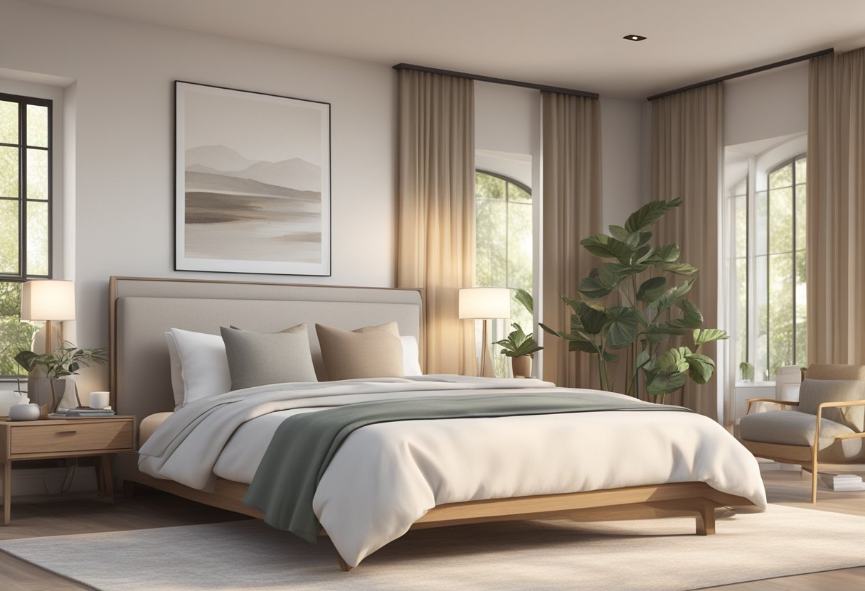 A serene bedroom with soft, neutral colors and natural materials, evoking a hotel-like atmosphere for relaxation and harmony