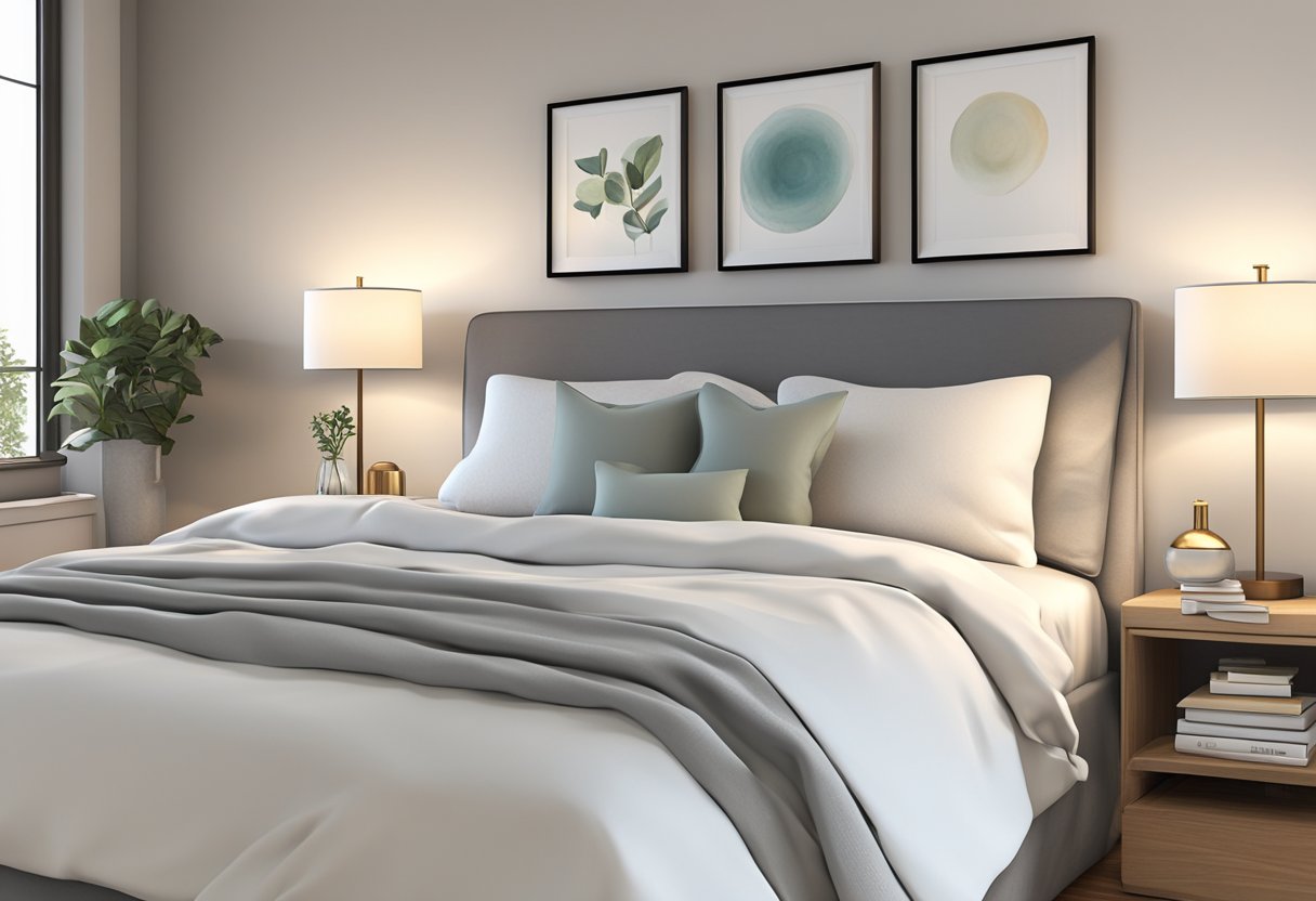 A well-made bed with crisp white linens, fluffy pillows, and a cozy throw blanket. A bedside table with a sleek lamp and a stack of books. Clean, uncluttered surfaces and soft, neutral colors create a calm and inviting atmosphere