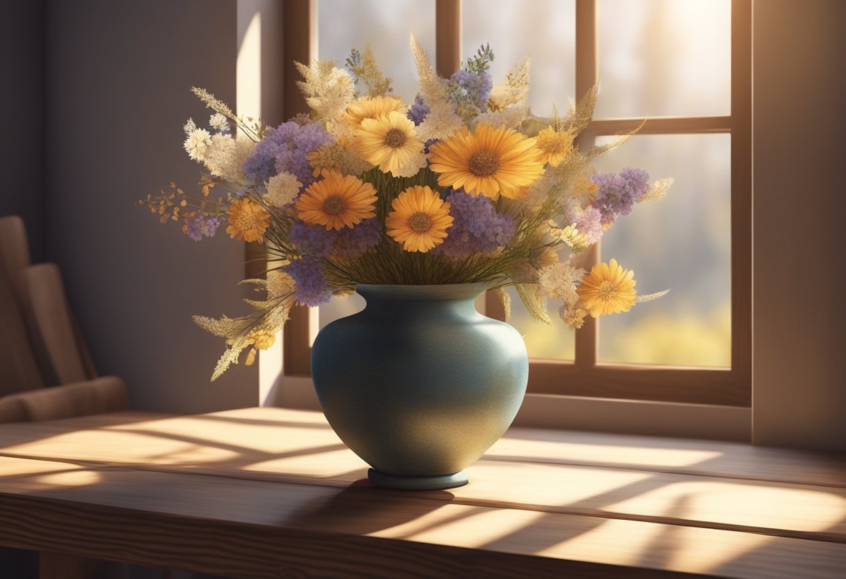 A collection of dried flowers arranged in a rustic vase on a wooden table, with sunlight streaming in from a nearby window