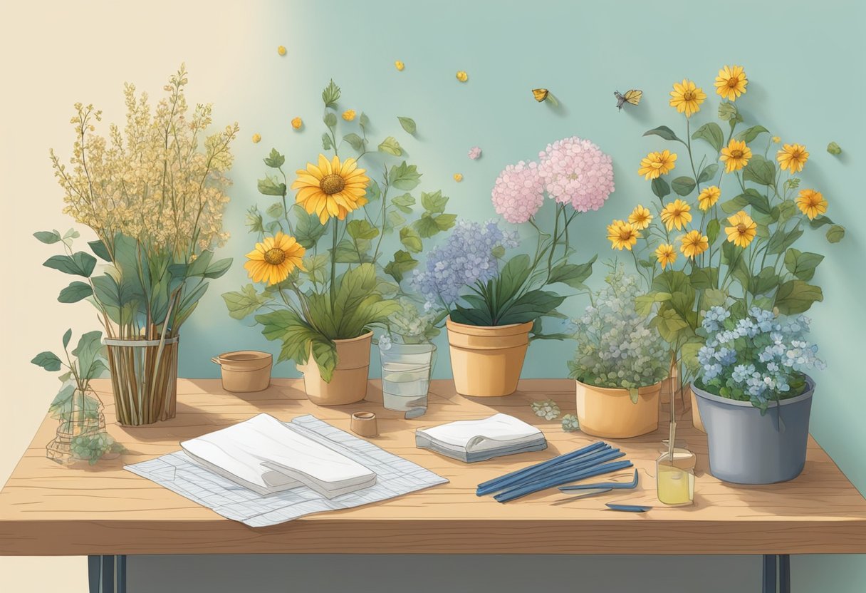 A table with drying racks holding various flowers and plants. Materials such as paper, silica gel, and wire are scattered around