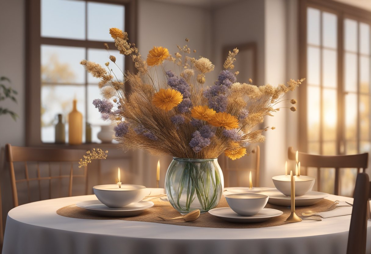 A table adorned with dried flowers in a cozy home setting or at a special event