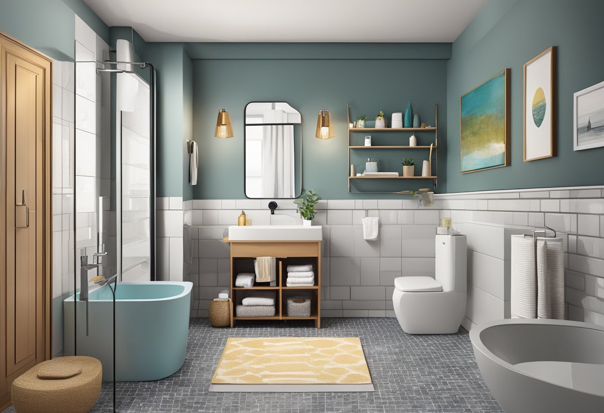 A small bathroom with practical storage and furniture arrangement