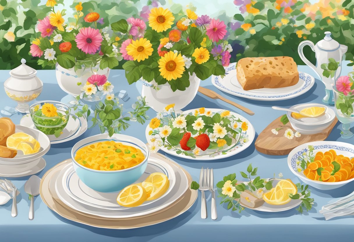 A festive midsommar table set with colorful flowers, traditional Swedish dishes, and decorative ribbons