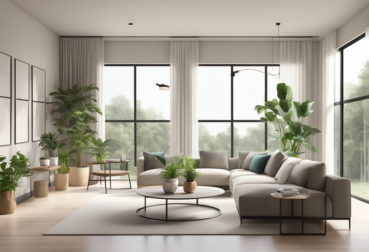 A modern living room with clean lines, minimalist furniture, and neutral colors. A large window lets in natural light, and indoor plants add a touch of greenery