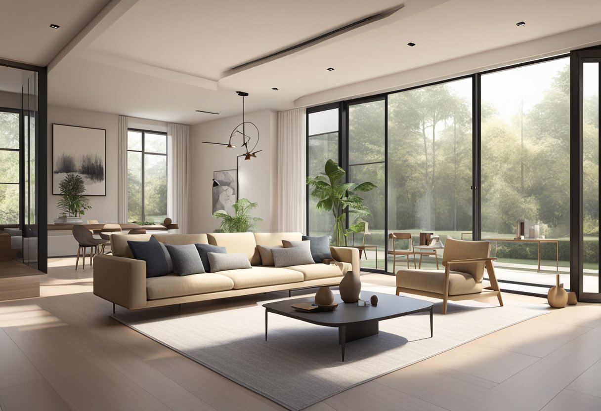 A modern living room with clean lines, minimalistic furniture, and neutral colors. A large window allows natural light to fill the space, creating a serene and inviting atmosphere