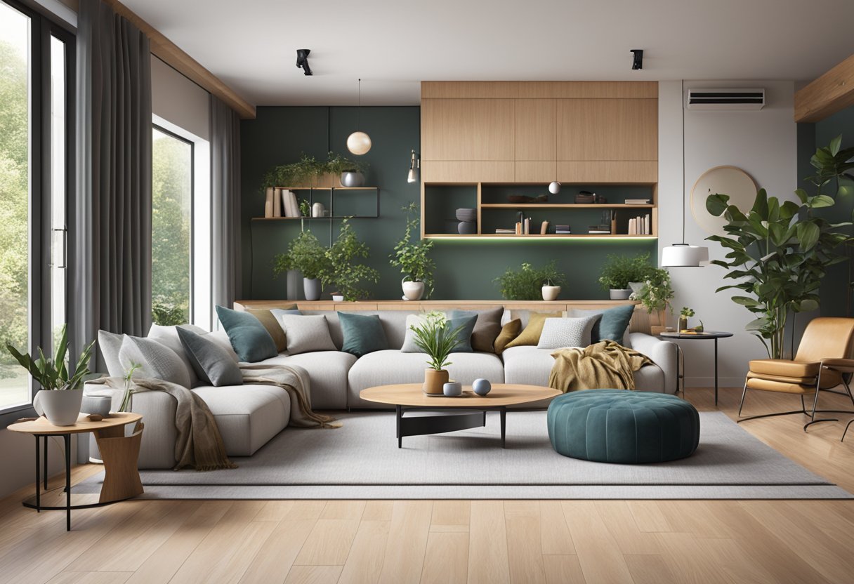 A modern living room with sleek furniture and natural materials, reflecting interior design trends for 2024