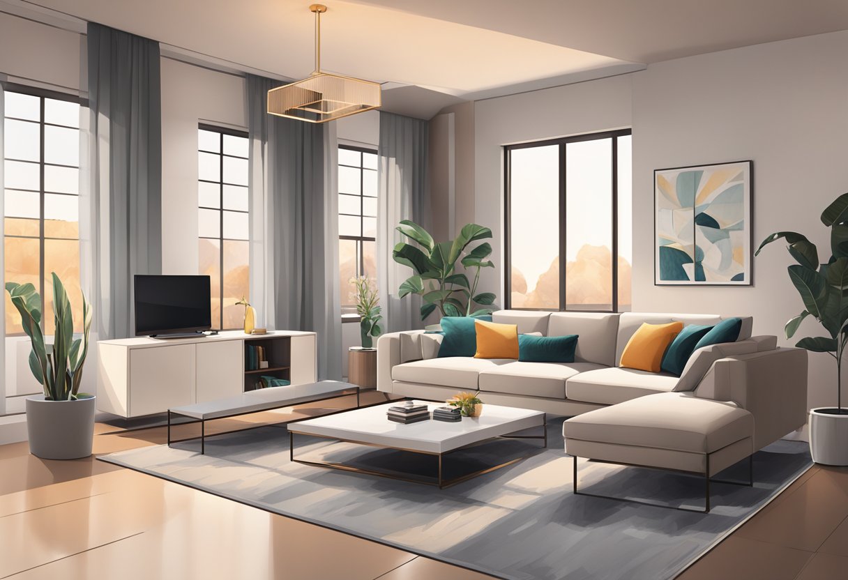 A modern living room with soft, warm lighting and sleek, minimalist furniture. Clean lines and subtle pops of color create a cozy yet sophisticated atmosphere