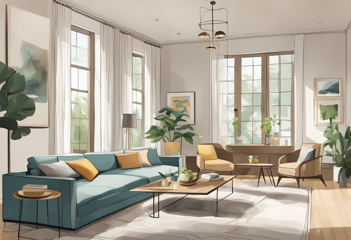 The living room is bright and airy, with a cozy sofa and a stylish coffee table. The walls are adorned with modern art, and a large window lets in plenty of natural light