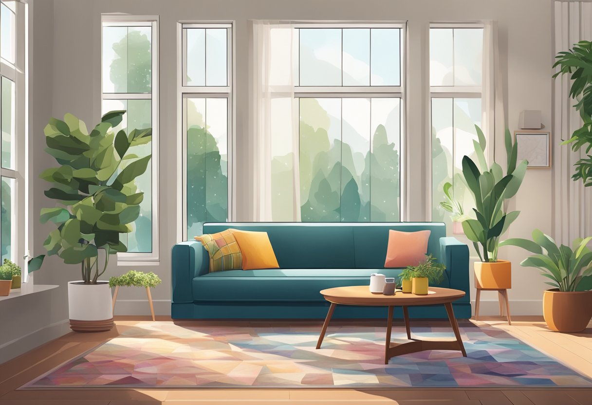 A cozy living room with a modern sofa, a coffee table, and a colorful rug. A large window lets in natural light, and a potted plant adds a touch of greenery