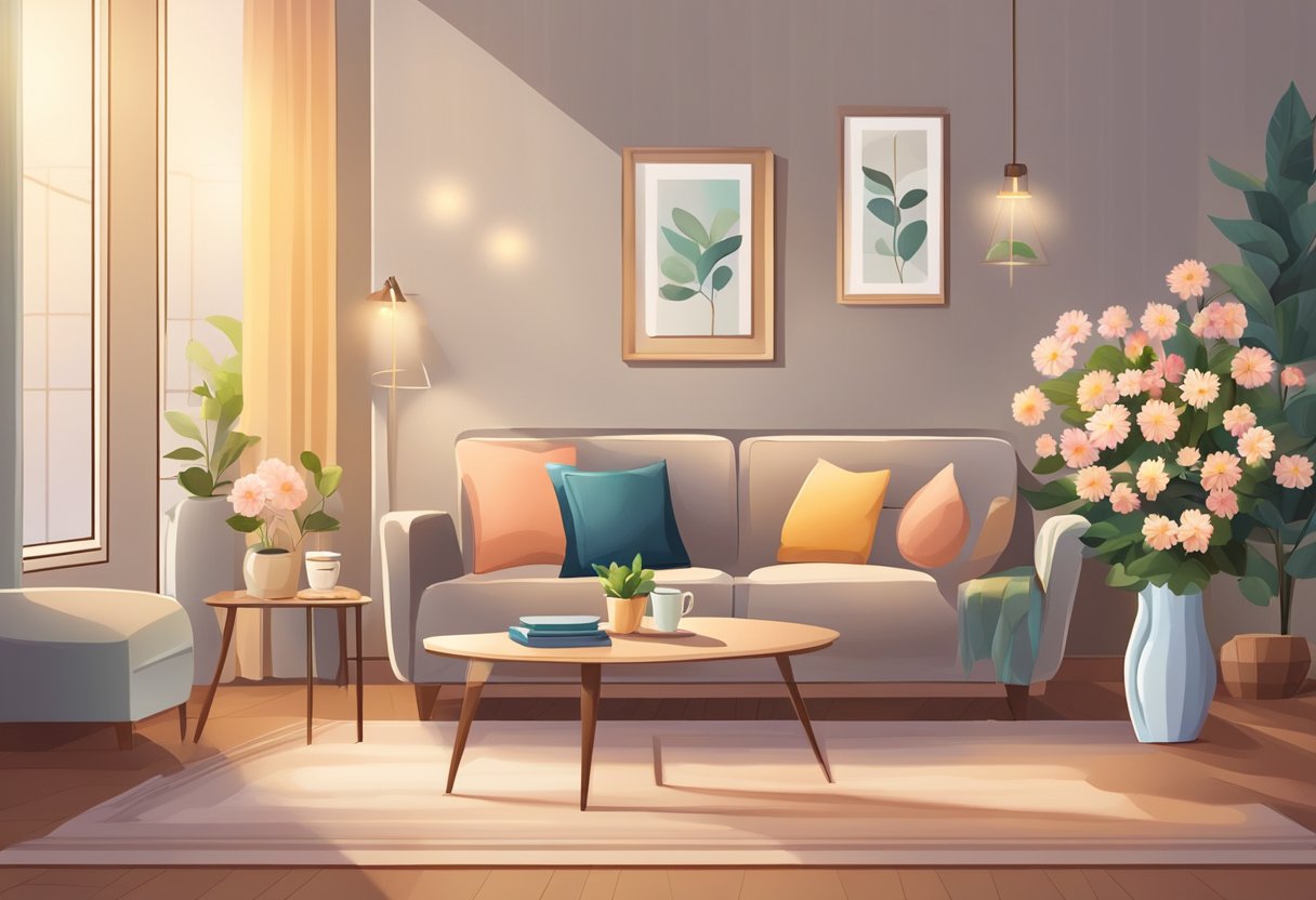 A cozy living room with a plush sofa, a coffee table with a vase of flowers, and soft lighting from a floor lamp