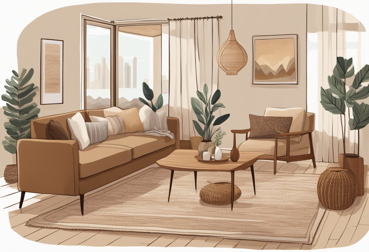 A cozy living room with natural materials and textiles, featuring a warm rug, wooden furniture, and soft, earthy-toned fabrics