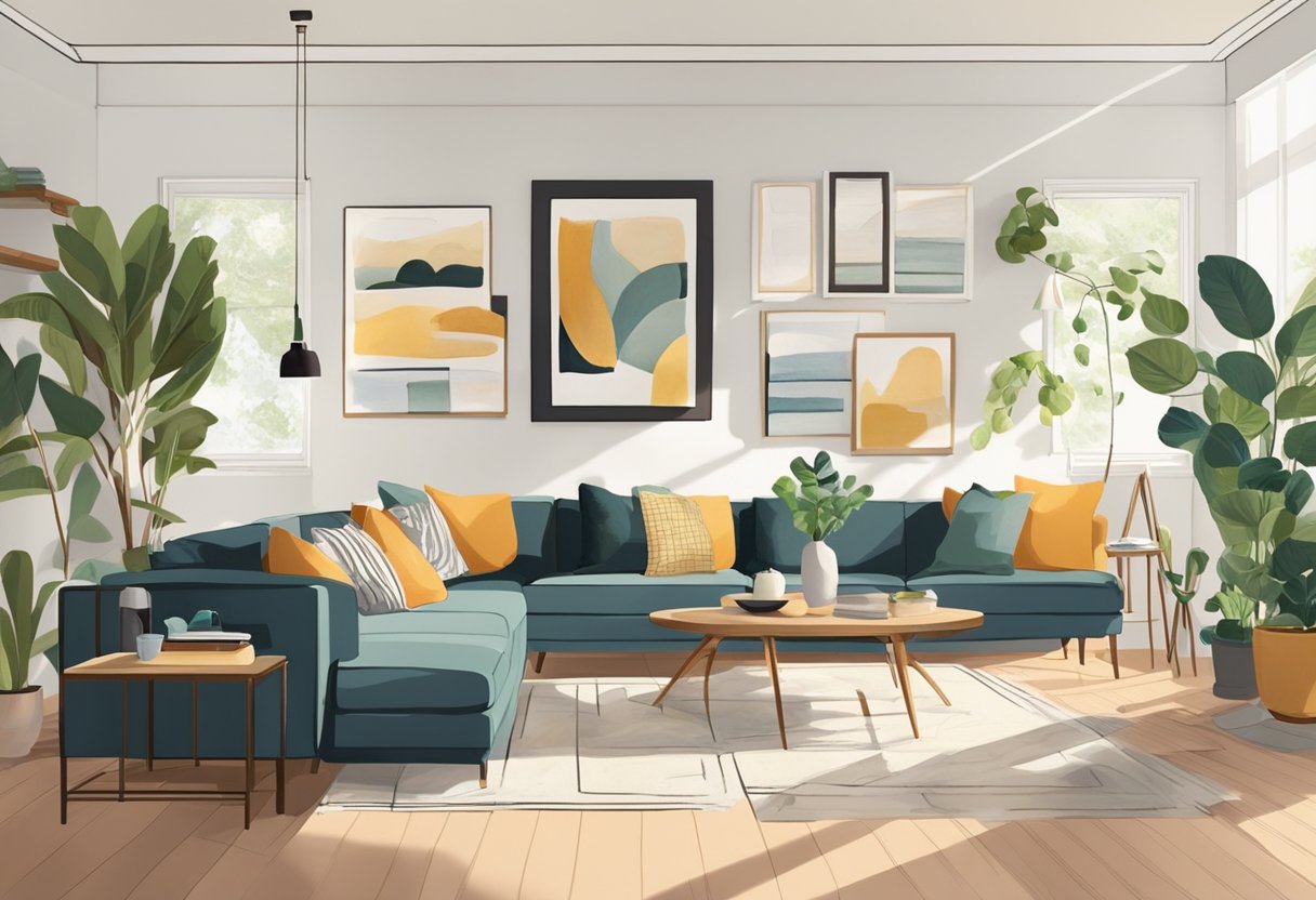 Create a cozy home with harmony and personality. Show a well-lit, organized living space with warm colors and comfortable furniture. Add personal touches like artwork and plants for a welcoming atmosphere