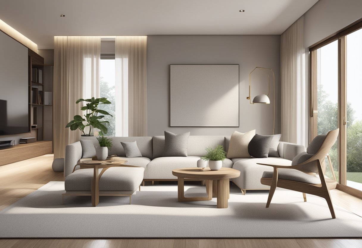 A room with minimalist furniture, clean lines, and neutral colors. A mix of natural materials like wood and stone. Simple, uncluttered decor with a focus on functionality and comfort