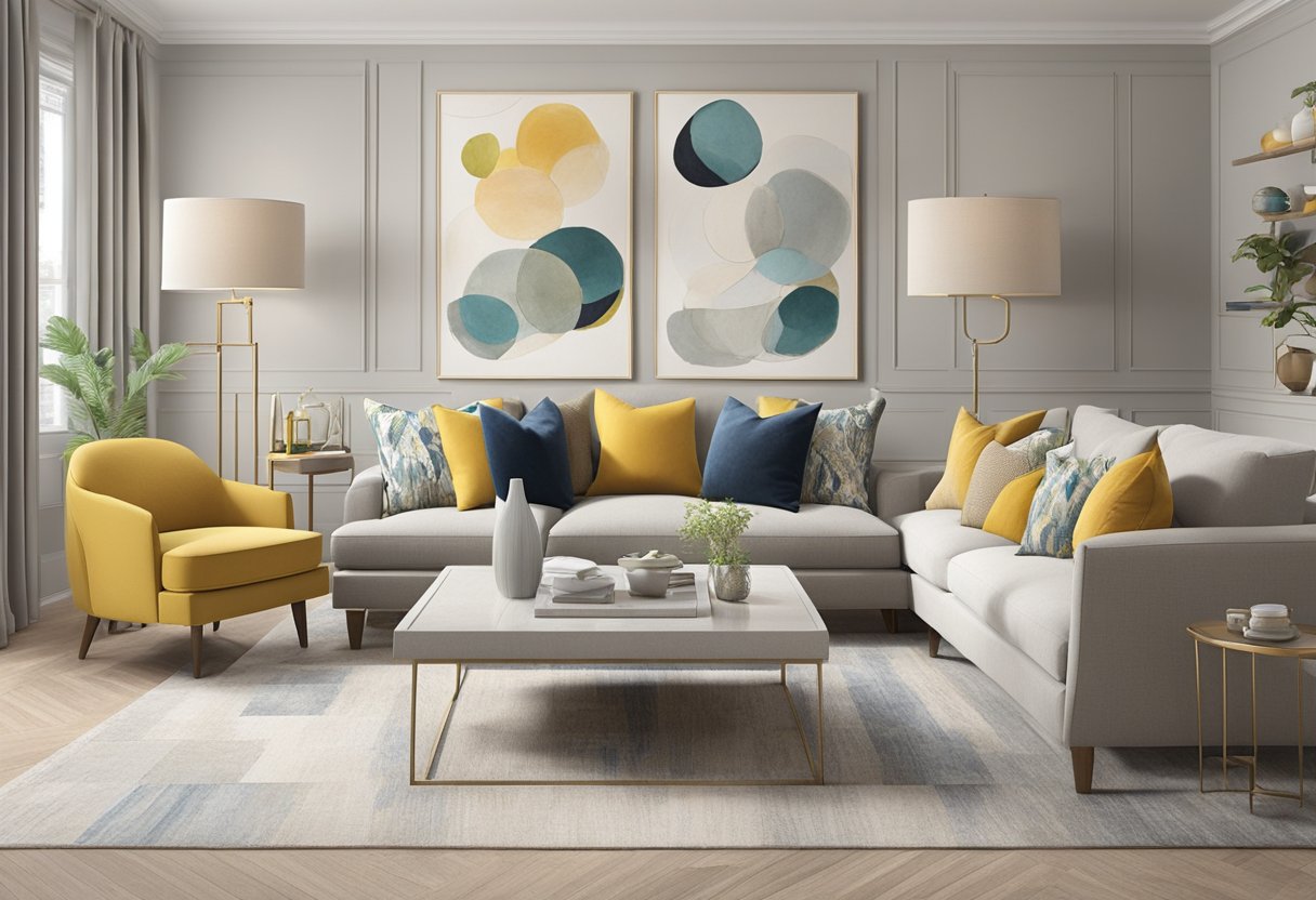 A room with a neutral color palette, accented with pops of color in the form of throw pillows, artwork, and decorative objects. The colors should complement the overall aesthetic of the space