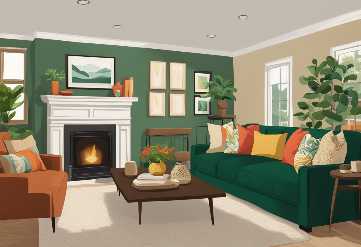 A cozy living room with warm, earthy tones. A deep green sofa complements the wooden coffee table and beige walls. A pop of color from the red throw pillows adds a vibrant touch