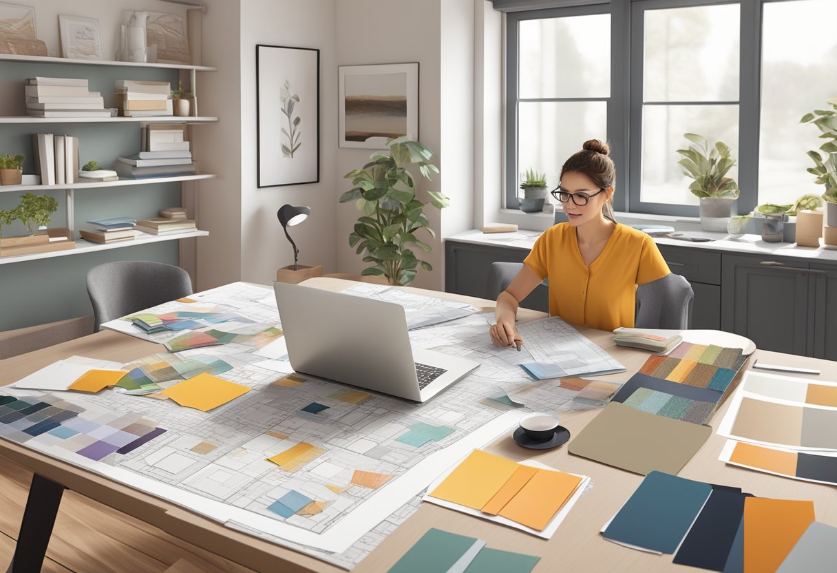 An interior designer working on a project, with a mood board, fabric swatches, and floor plans spread out on a table. A laptop and design software are also visible