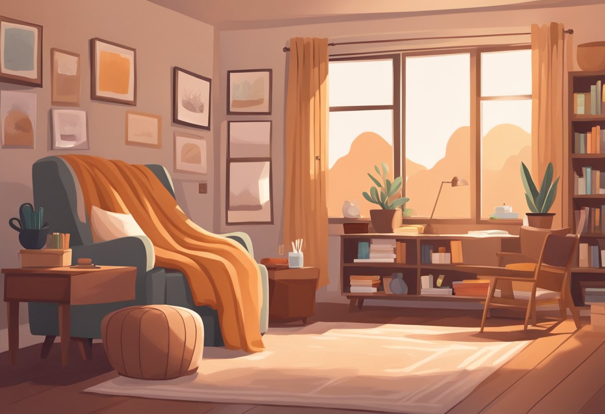 A room with warm, earthy tones and soft lighting. A cozy reading nook with a plush armchair and a warm throw blanket. A desk with organized supplies and a calming color scheme