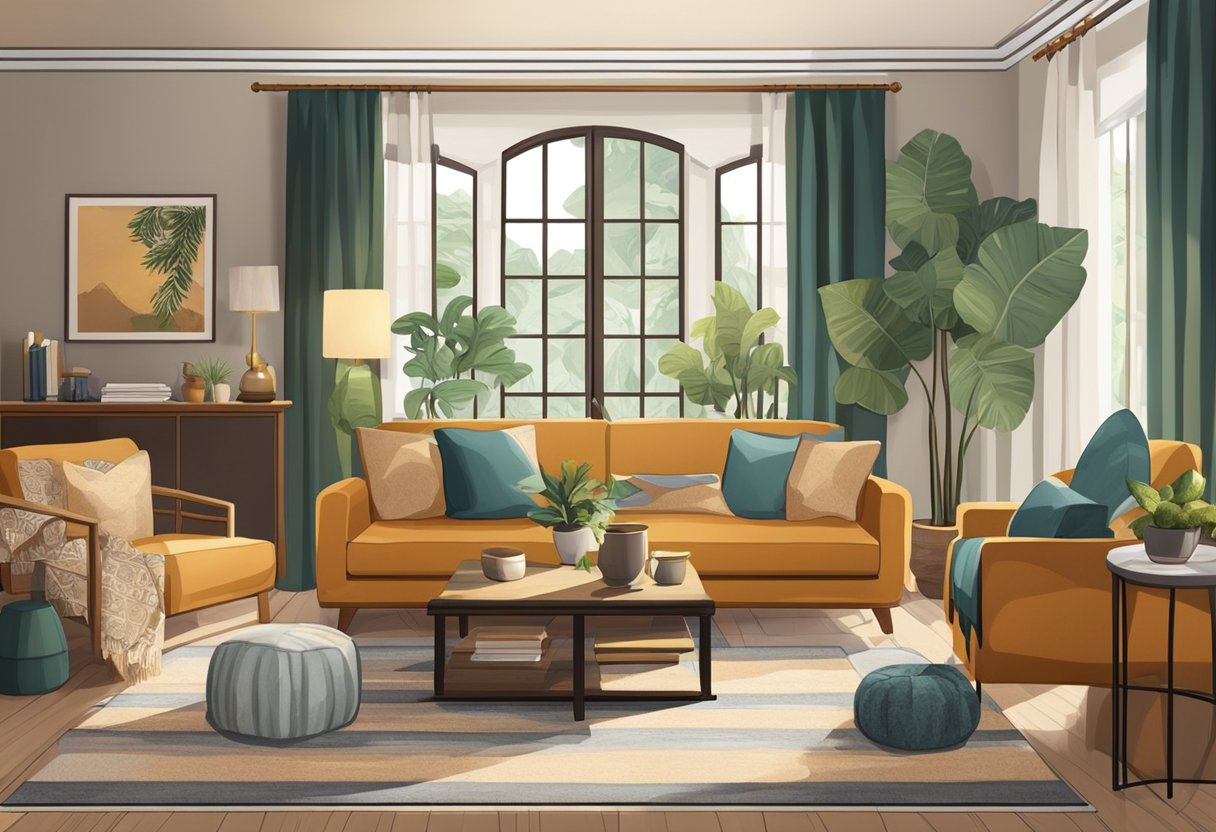 A cozy living room with cultural decor and personal touches. Warm colors and unique furnishings create a welcoming atmosphere