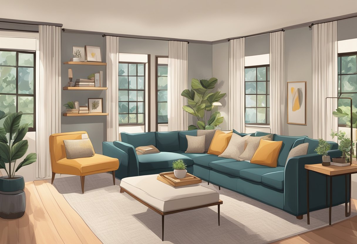 A cozy living room with well-organized spaces and a functional layout, featuring comfortable seating, warm lighting, and decorative elements for a welcoming atmosphere