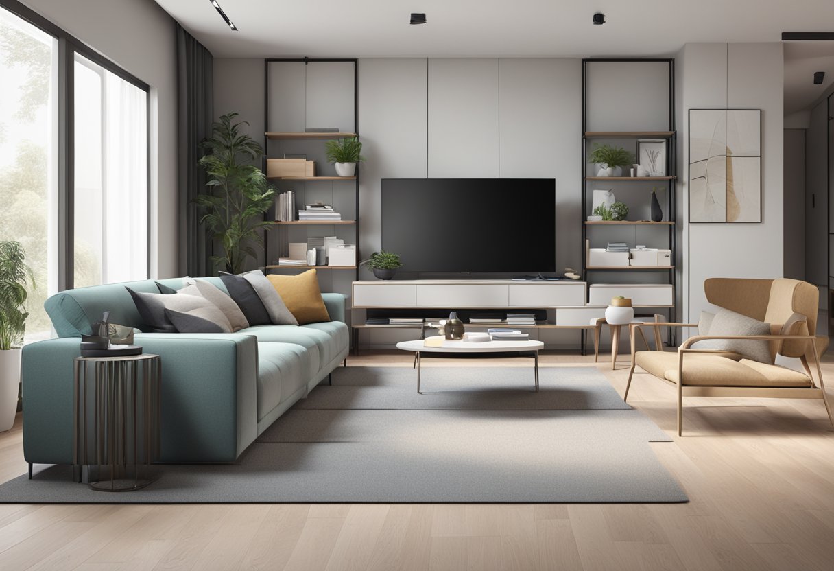 A modern living room with sleek furniture and stylish storage solutions. Clean lines and minimalistic decor create a sleek and organized space