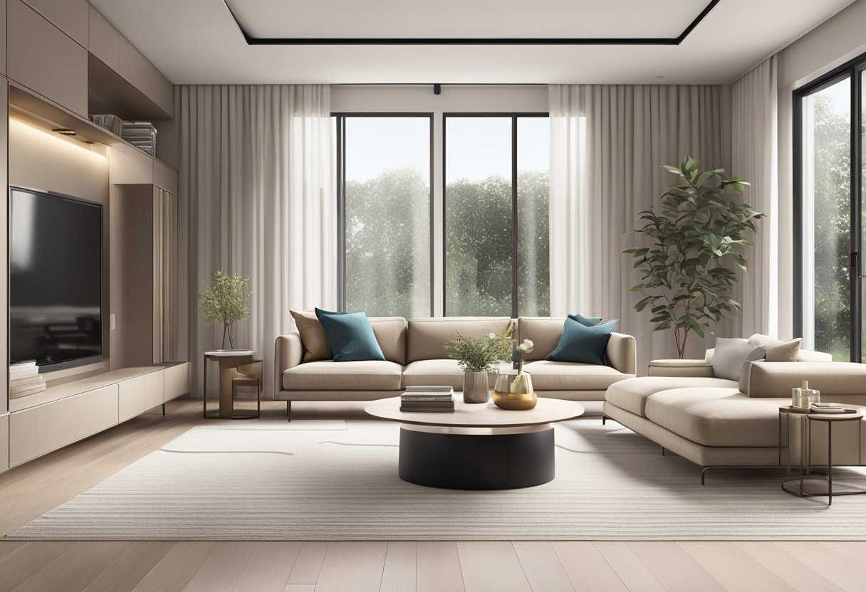 A stylish living room with modern furniture, minimalist decor, and carefully chosen details. Clean lines, neutral colors, and natural light create a sleek and inviting space