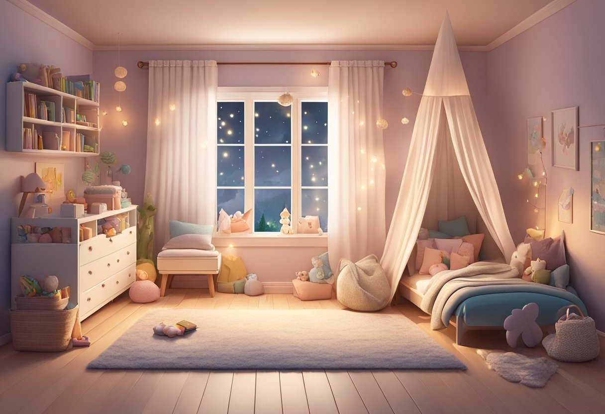 A cozy child's room with soft, pastel-colored walls, a fluffy rug, and a canopy bed with fairy lights. Toys and books are neatly organized, and a window lets in warm, natural light