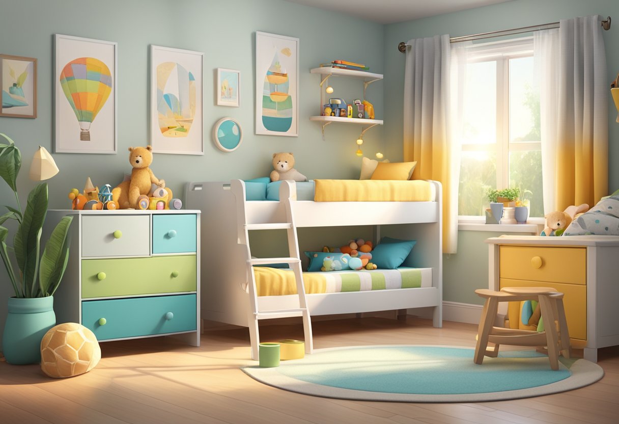 A cozy child's room with age-appropriate furniture and decor, soft lighting, and colorful toys neatly organized