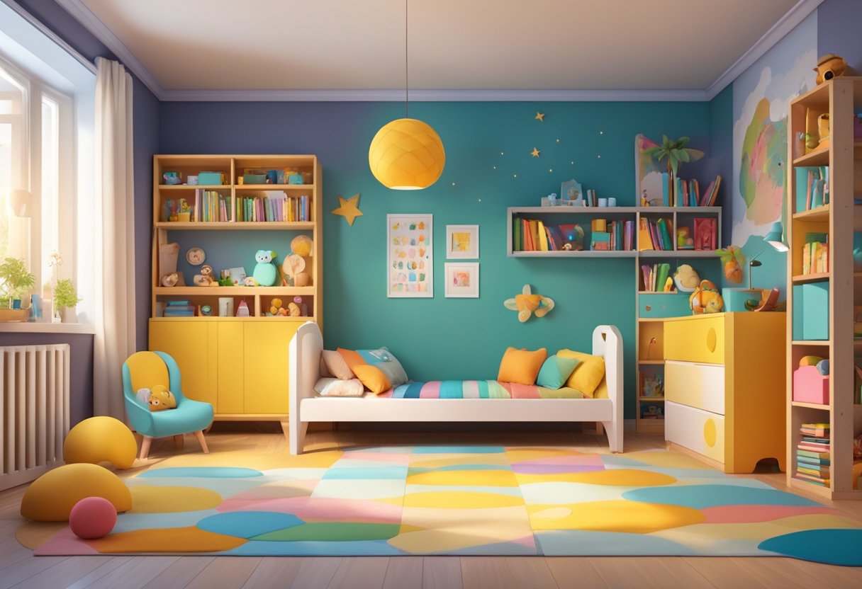 A colorful and playful children's room with toys, books, and a cozy bed. The walls are adorned with cheerful posters and the room is filled with soft lighting