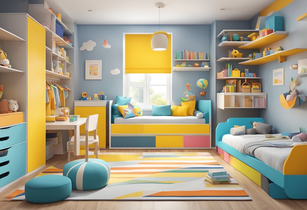 A child's room with colorful furniture and storage solutions. Toys, books, and clothes neatly organized in shelves and drawers