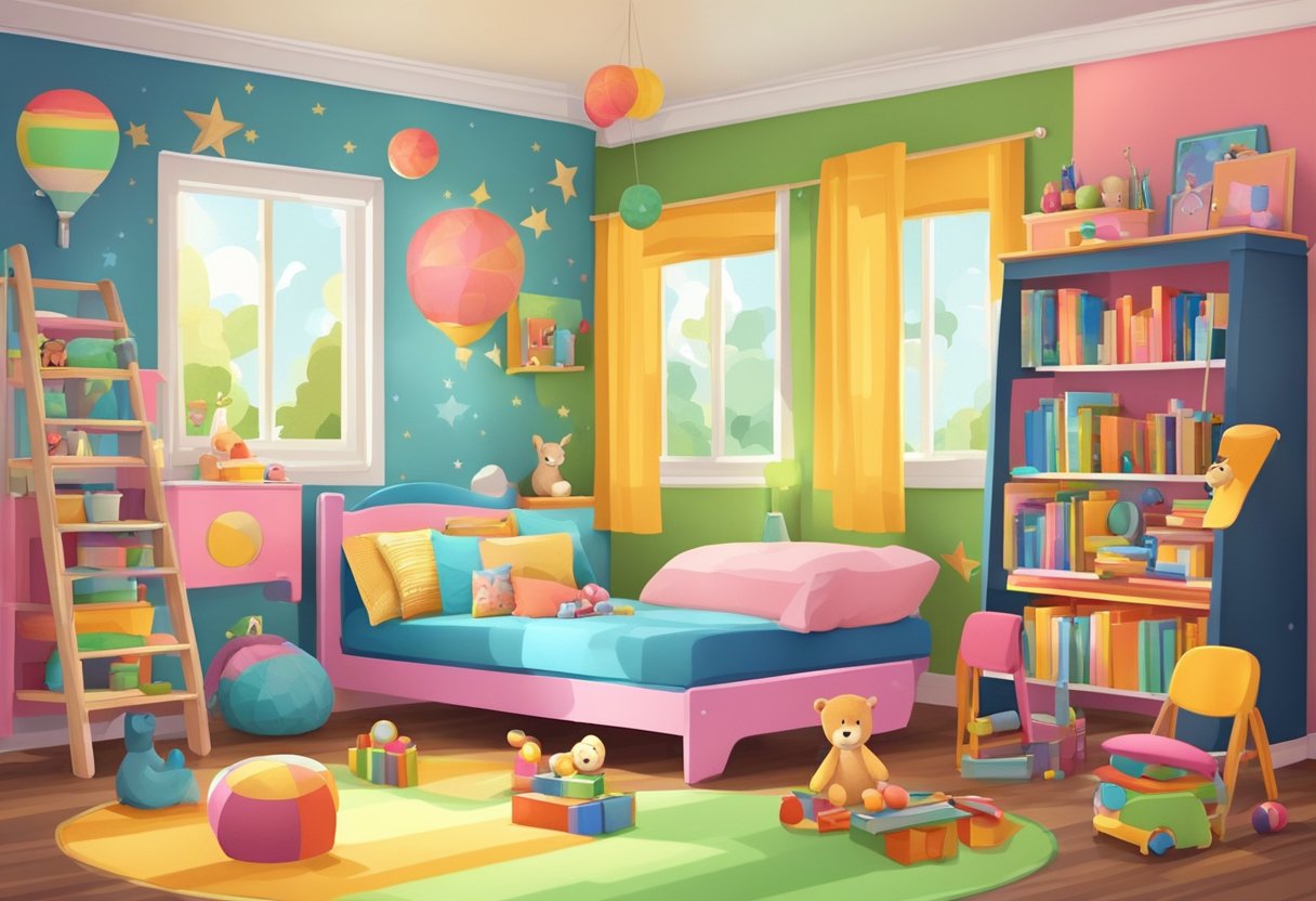 A colorful and cozy child's room with playful decor and furniture. Brightly painted walls and shelves filled with toys and books