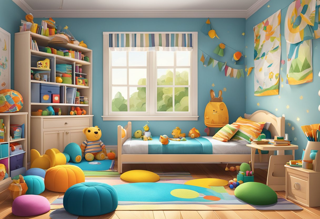 A brightly lit child's room with colorful textiles and toys scattered around