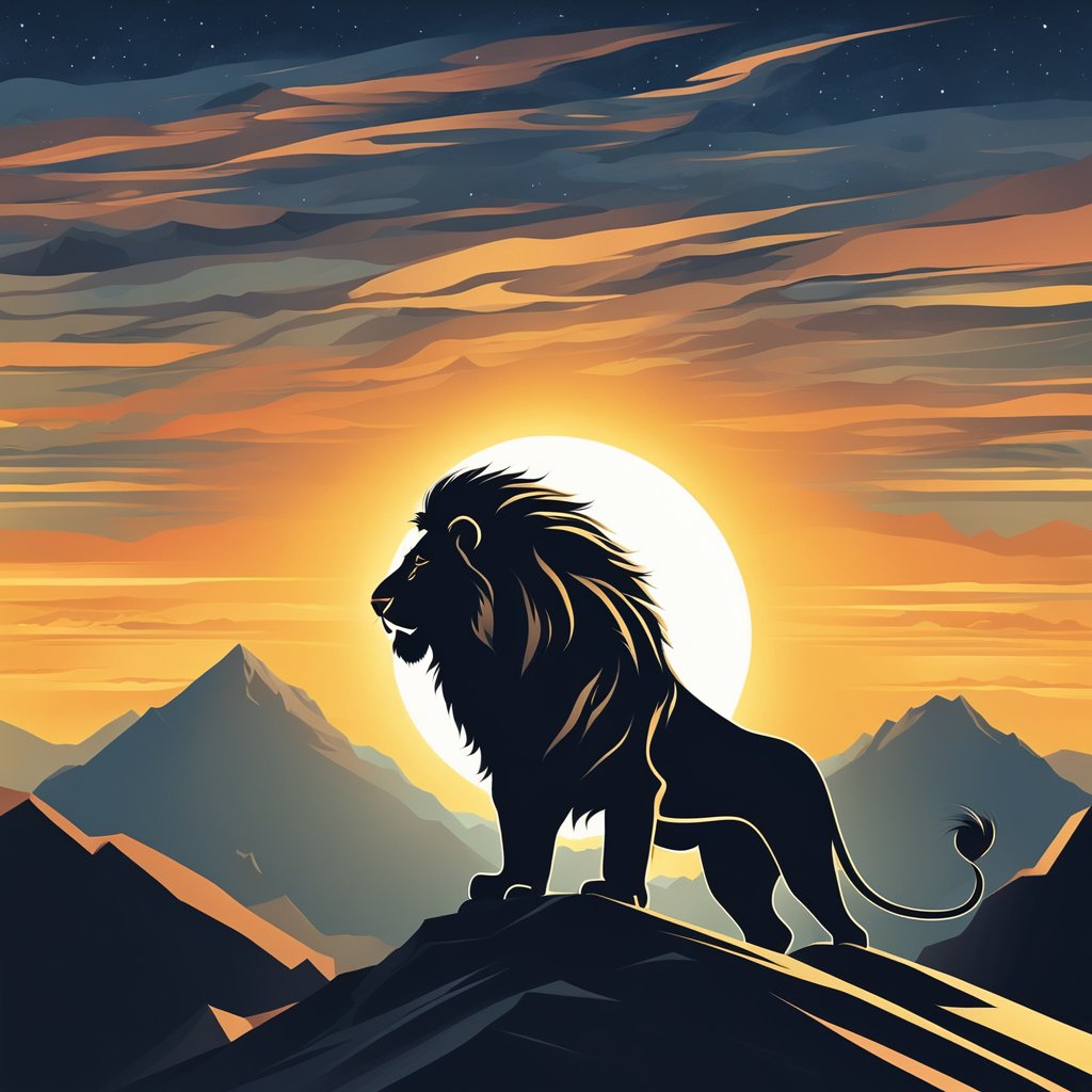 A mighty lion roaring on a mountain peak, as the sun sets behind it, casting a powerful and majestic silhouette