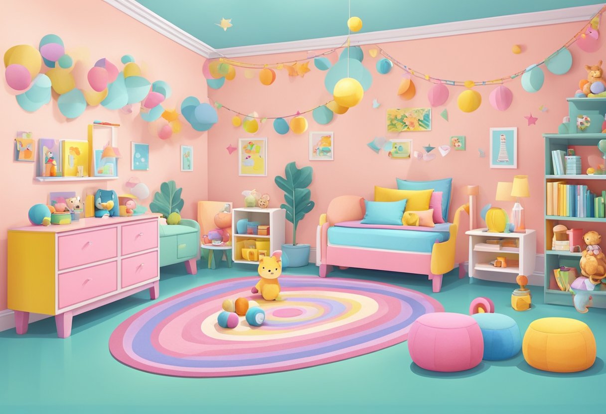 A colorful and playful children's room with bright, pastel-colored walls and furniture, adorned with whimsical decorations and toys scattered around the room