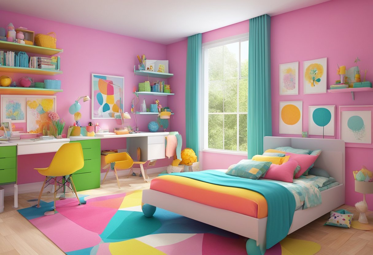 Vibrant colors fill a playful children's room, creating a joyful and lively atmosphere. The walls are adorned with bright and cheerful hues, evoking a sense of happiness and creativity