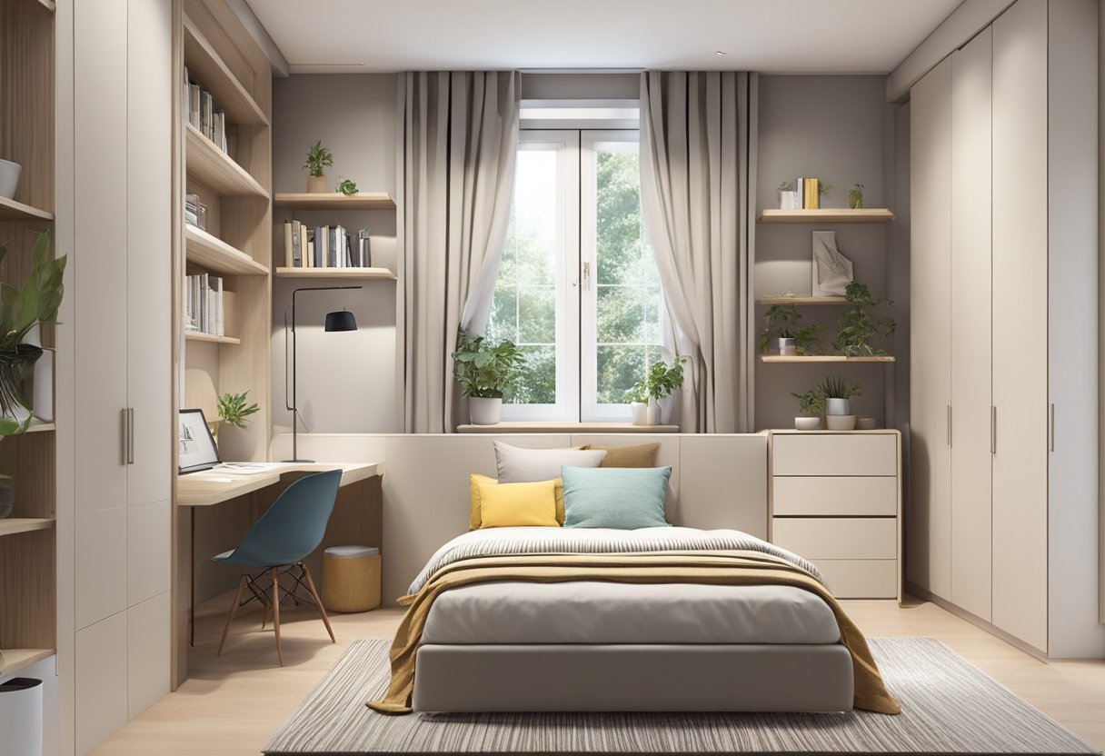 A small room with minimalistic furniture, maximizing space with clever storage solutions and light, neutral colors