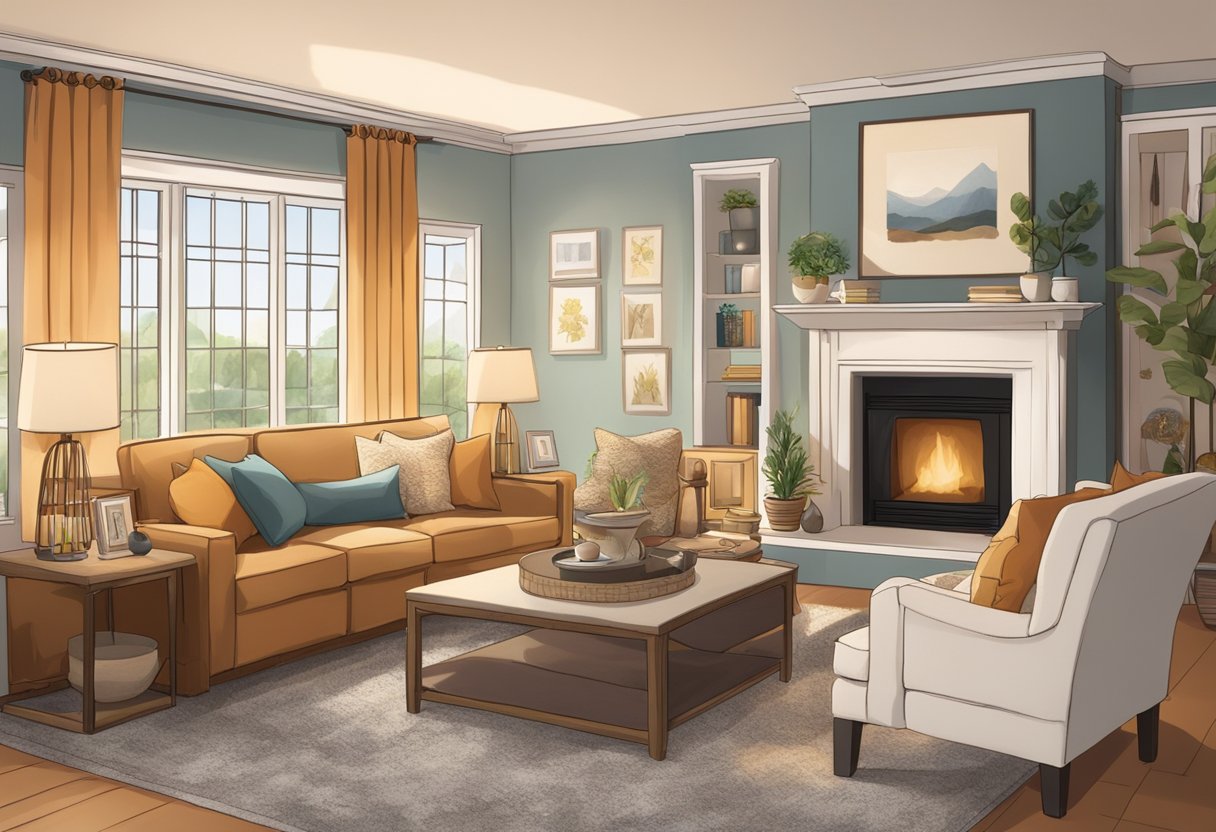 A cozy living room with soft lighting, warm colors, and plush furniture creates a welcoming atmosphere. Decorative details like throw pillows, blankets, and artwork add to the comfort and charm