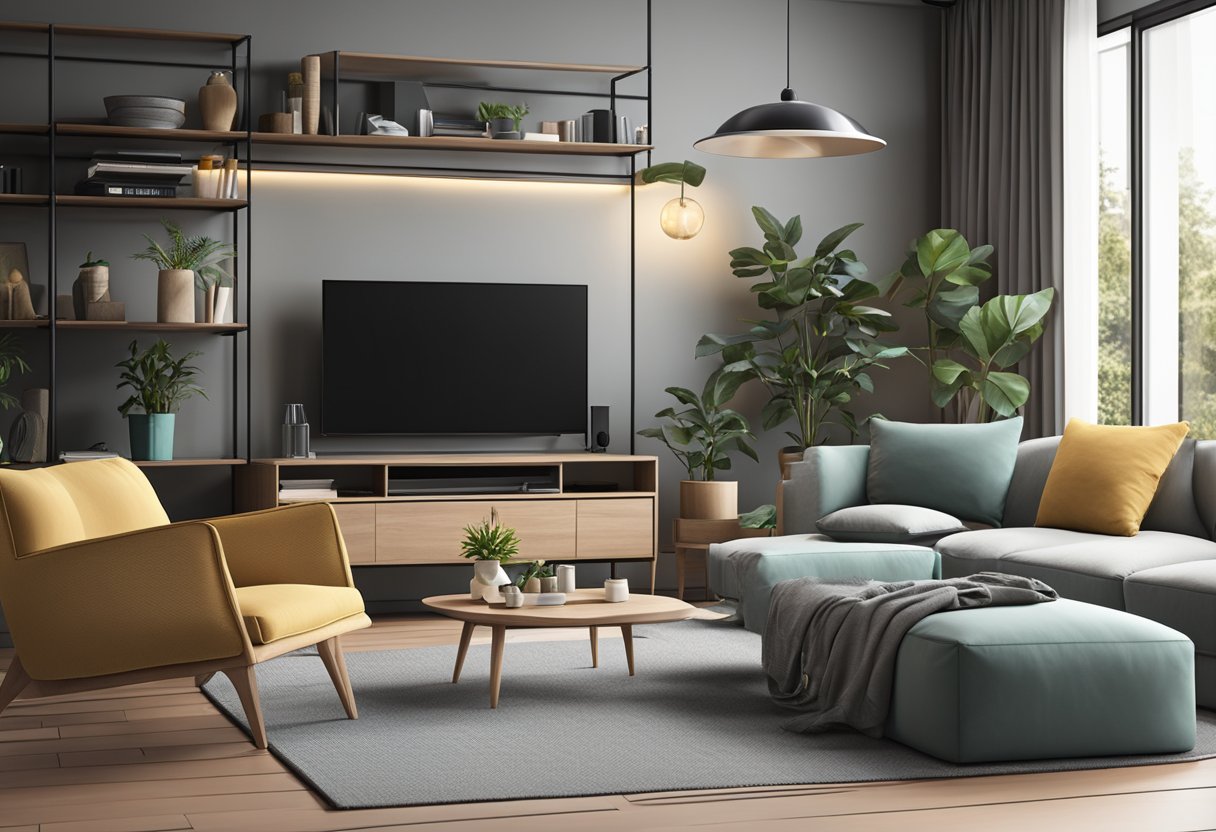 A modern living room with a sleek TV mounted on the wall, surrounded by stylish furniture and decor