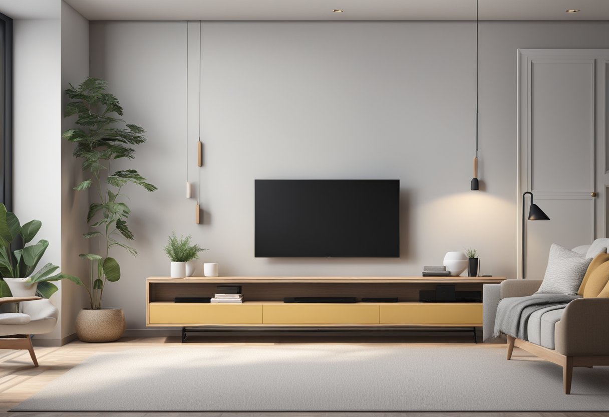 A TV is placed on a modern TV stand in a well-lit living room with minimalistic decor and a comfortable seating area