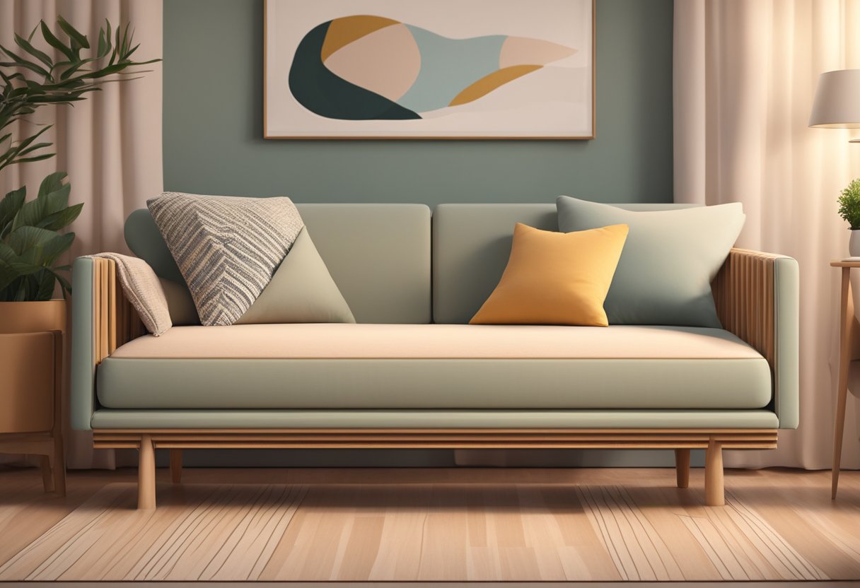 An alternative to a sofa could be a large, cushioned bench made of wood and fabric, placed in a cozy living room with soft lighting and a warm color palette